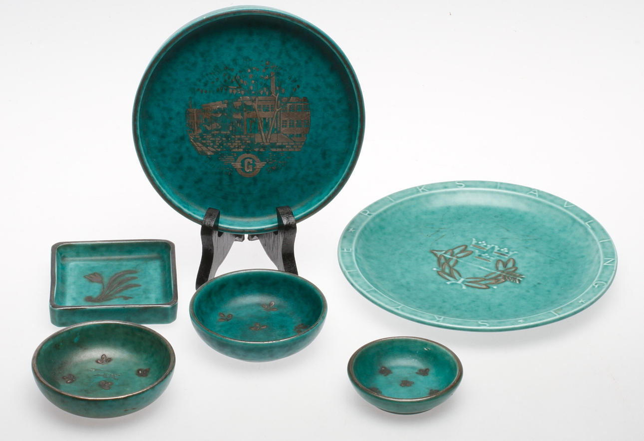 FAT samt SKÅLAR, 6 delar. Stengods. "Argenta", Wilhelm Kåge, Gustavsberg.