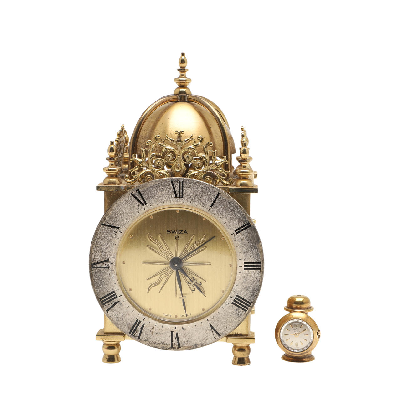 PONTIFA MINIATURE CLOCK & SWIZA LANTERN CLOCK.