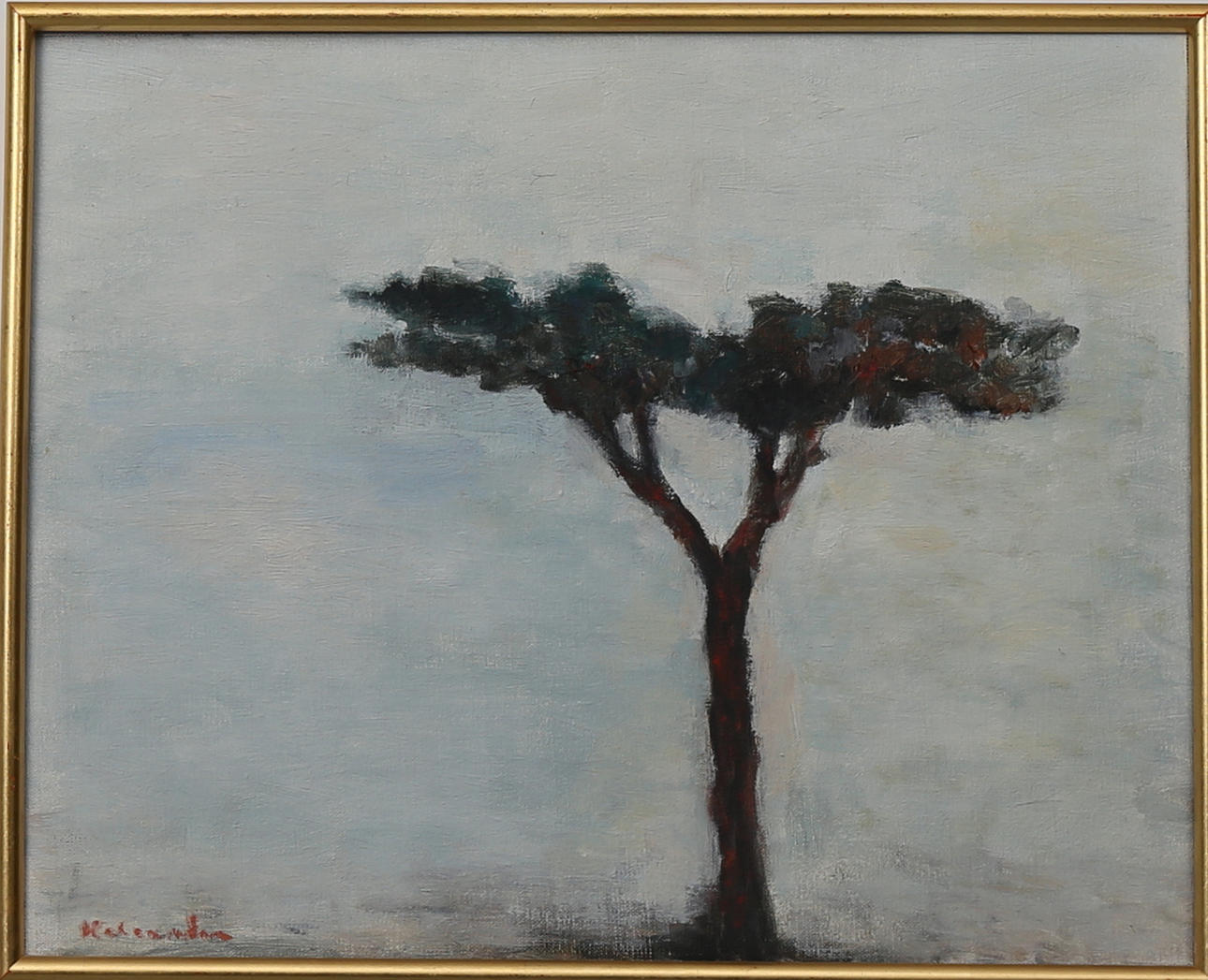 OIDENTIFIERAD KONSTNÄR. Ensamma trädet vid havet, oja på duk, otydlig signatur.