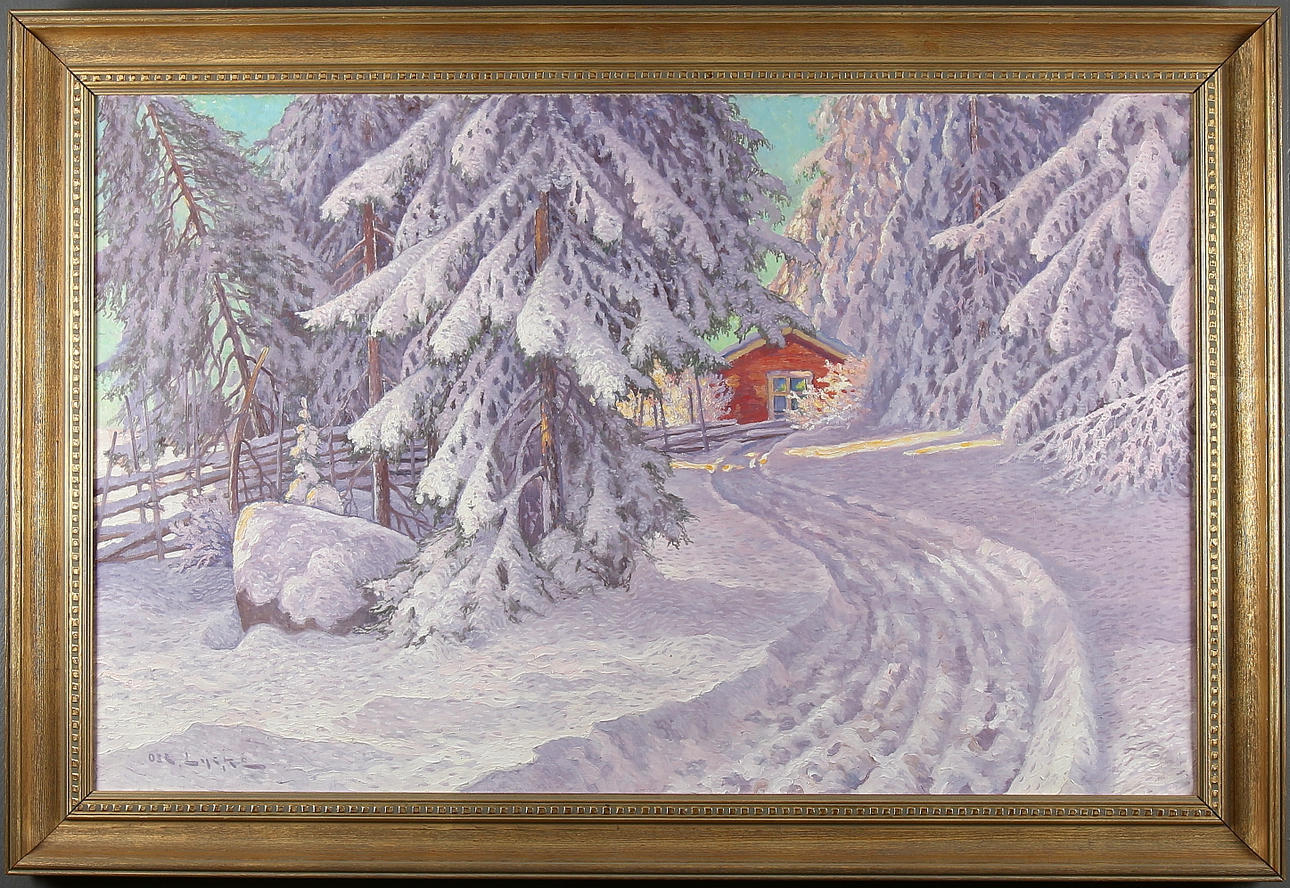 OSCAR LYCKE. "Snötyngd skog, motiv från Liden", olja på duk, signerad.