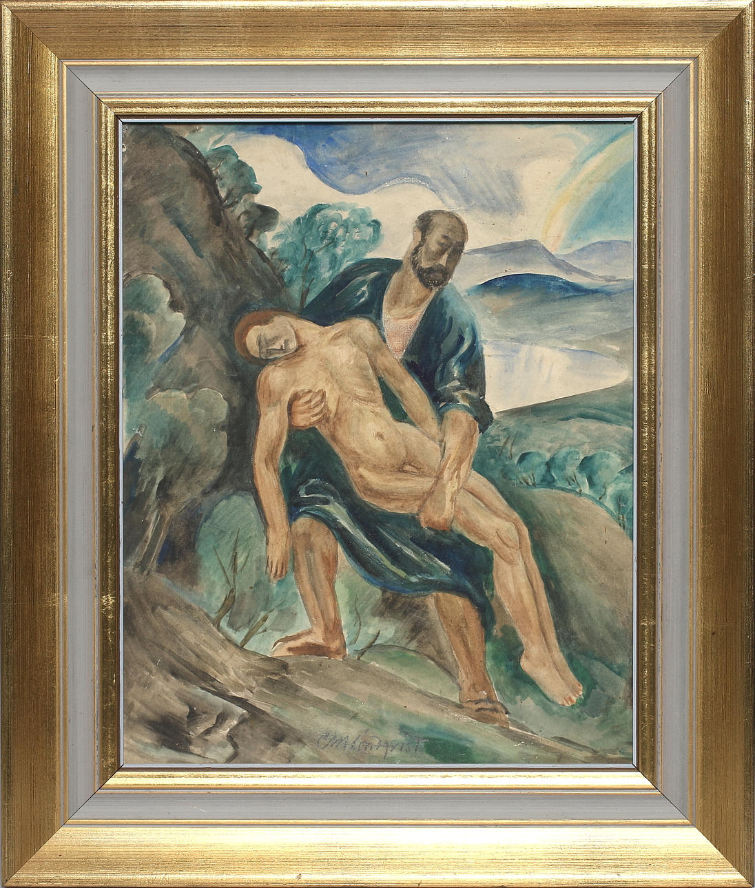 CARL MAGNUS LINDQVIST. "Den barmhertige Samariten", gouache på papp, signerad.