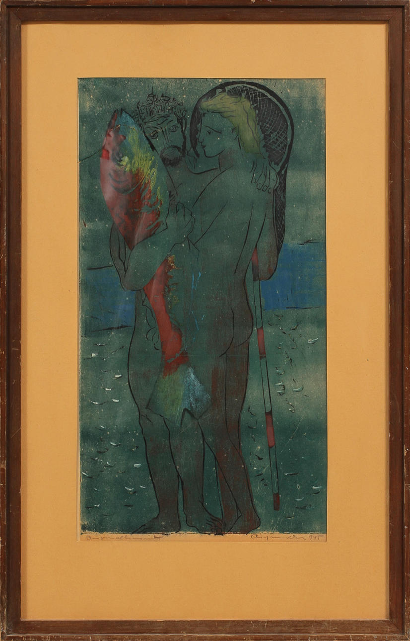 ADJA YUNKERS. Fiskaren. Färgträsnitt, signerad och daterad 1945.