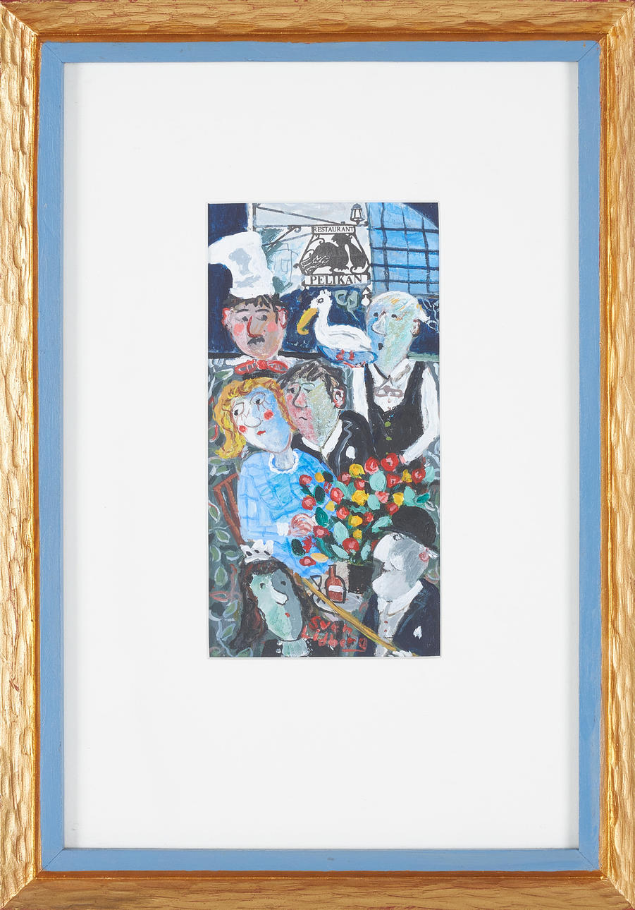 SVEN LIDBERG. Pelikan Södermalm, restaurang interiör, olja på papper, signerad.