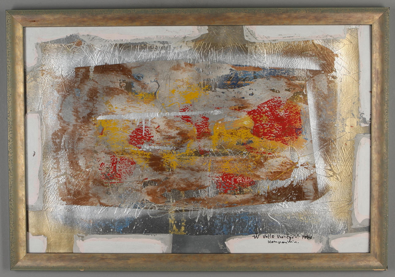 VELLO VÄÄRTNÖU. Komposition, blandteknik, signerad och daterad 1990.