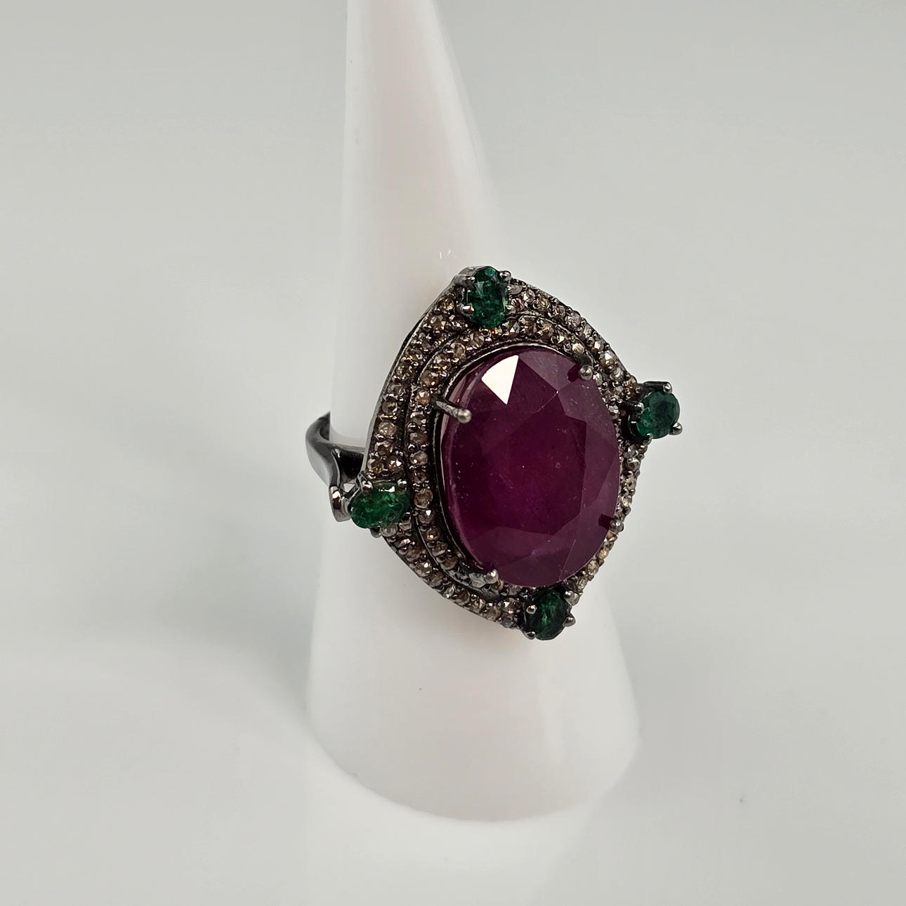 Ruby Ring with Emerald Accents and Diamond Accents, 925 Silver.