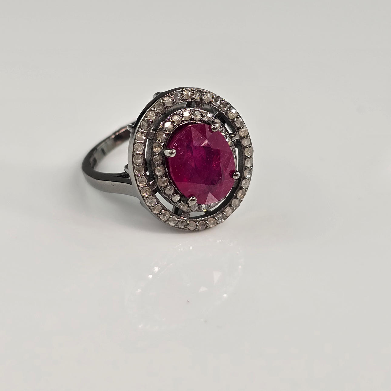 Ruby Gemstone Ring with Diamond Accents, 925 Silver.