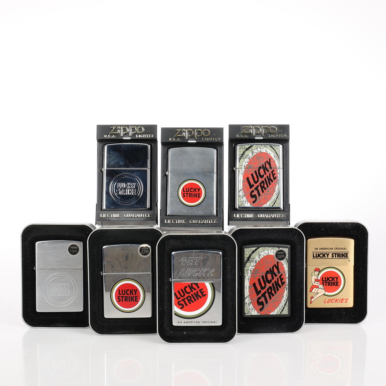 A set of 8 Lucky Strike lighters, Zippo, 1990's. Vintage