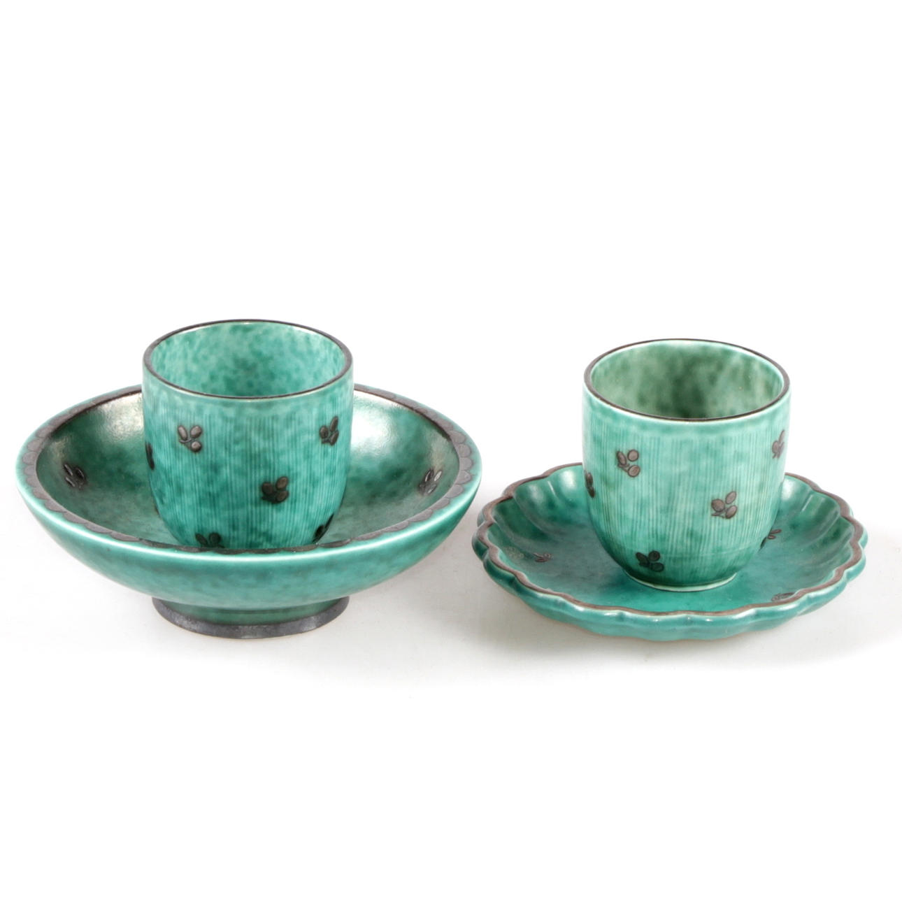 VASER, samt fat, 4 delar, stengods, "Argenta", Wilhelm Kåge, Gustavsberg.