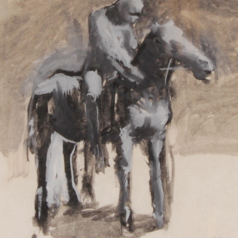 LOUIS BASTIN. Gouache, man på häst, signerad.