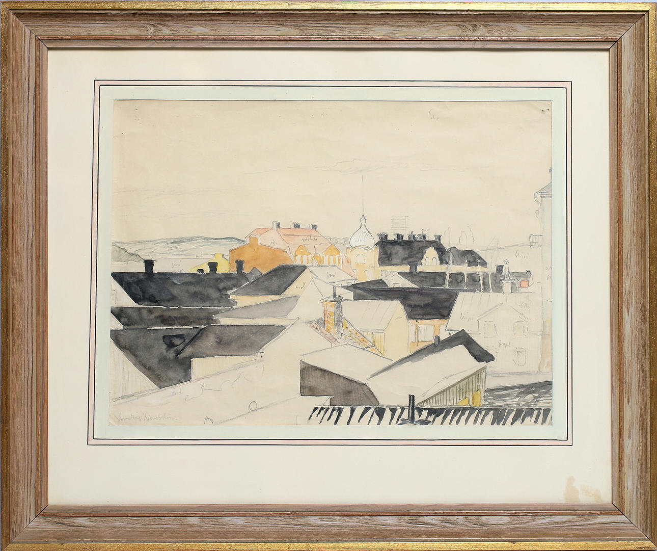 LUDVIG "LUBBE" NORDSTRÖM. "Hustak i Härnösand", blandteknik, signerad och daterad 1934.