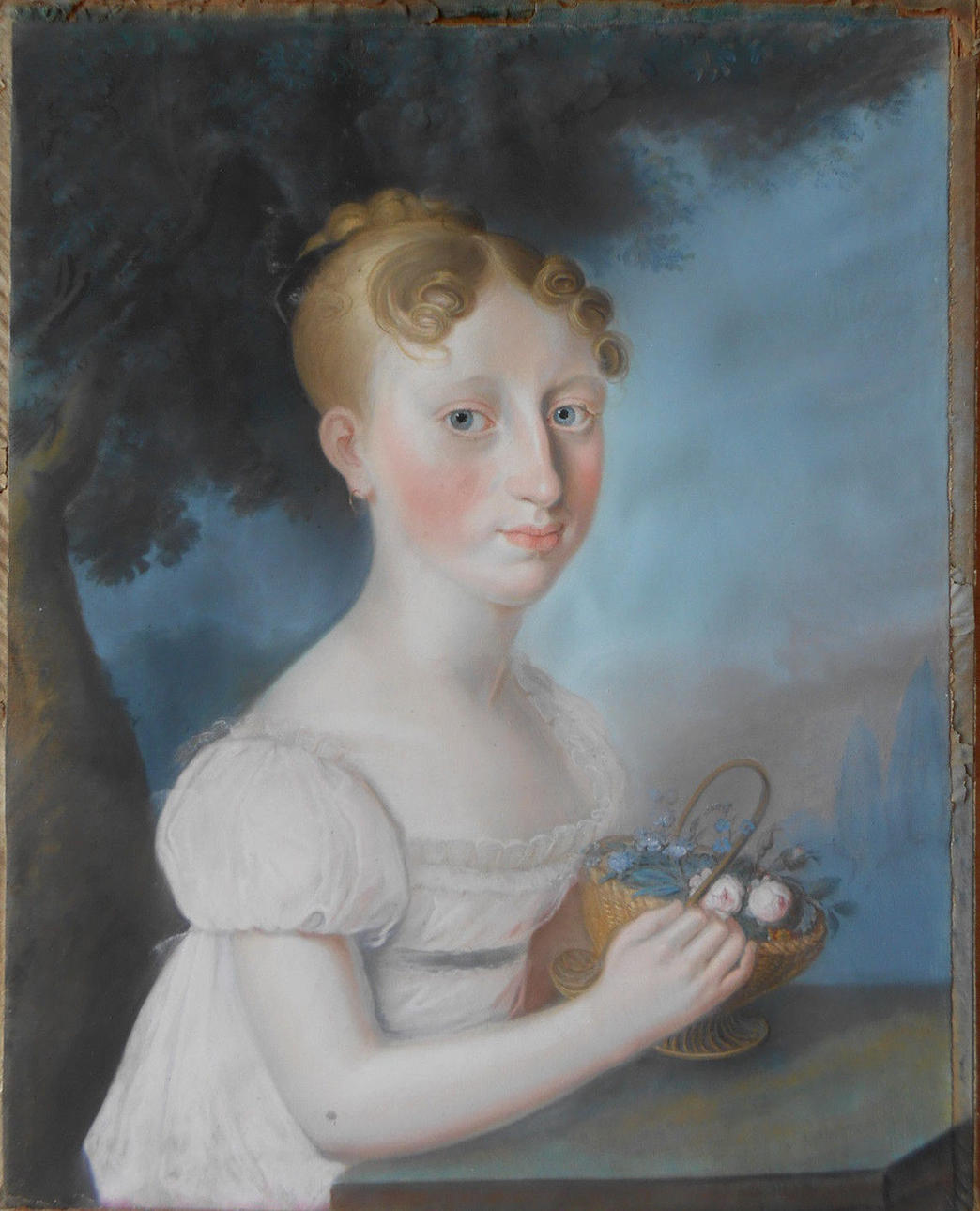 JOHANN BAPTIST HIRSCHMANN. Porträtt av en flicka med blomkorg, pastell, omkring 1810.