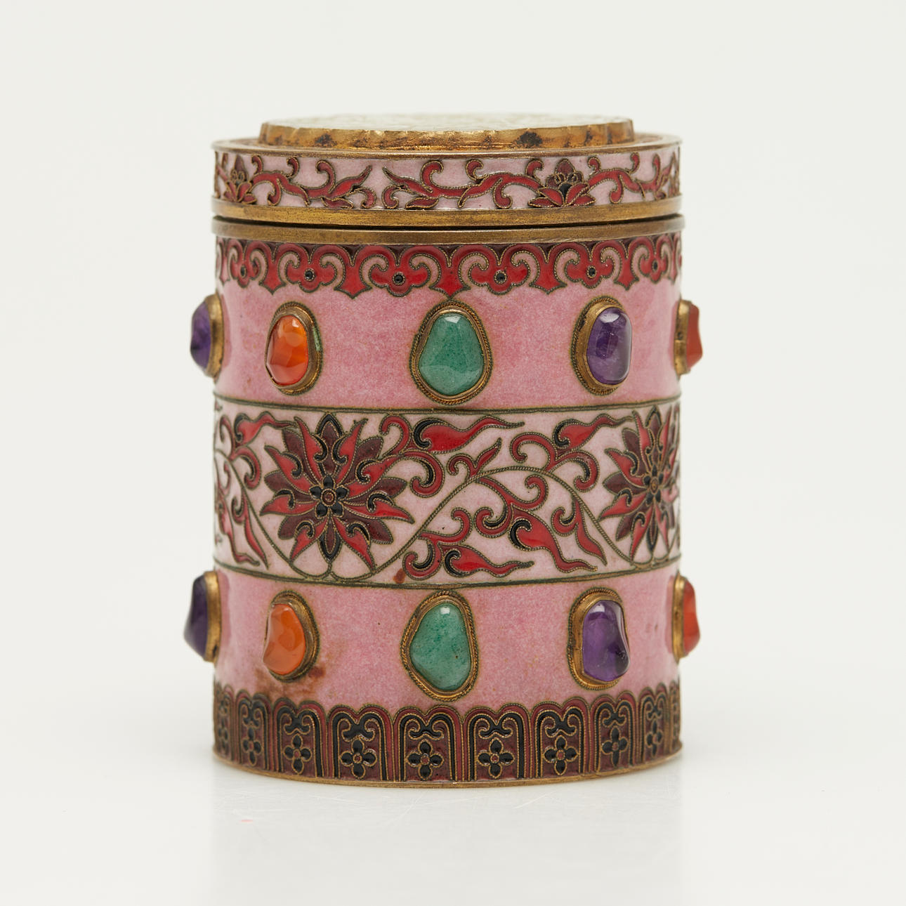 Dose, Jade, Türkis, Feueropal, Cloisonné, Messing, China.