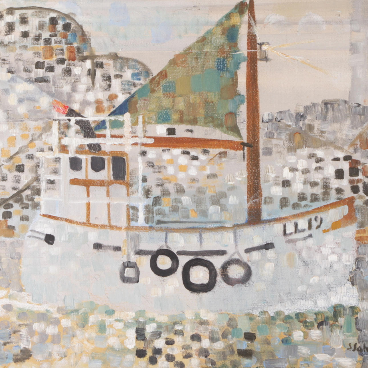 SVEN SAHLBERG. Olja på duk, fiskebåt, signerad samt daterad -55.