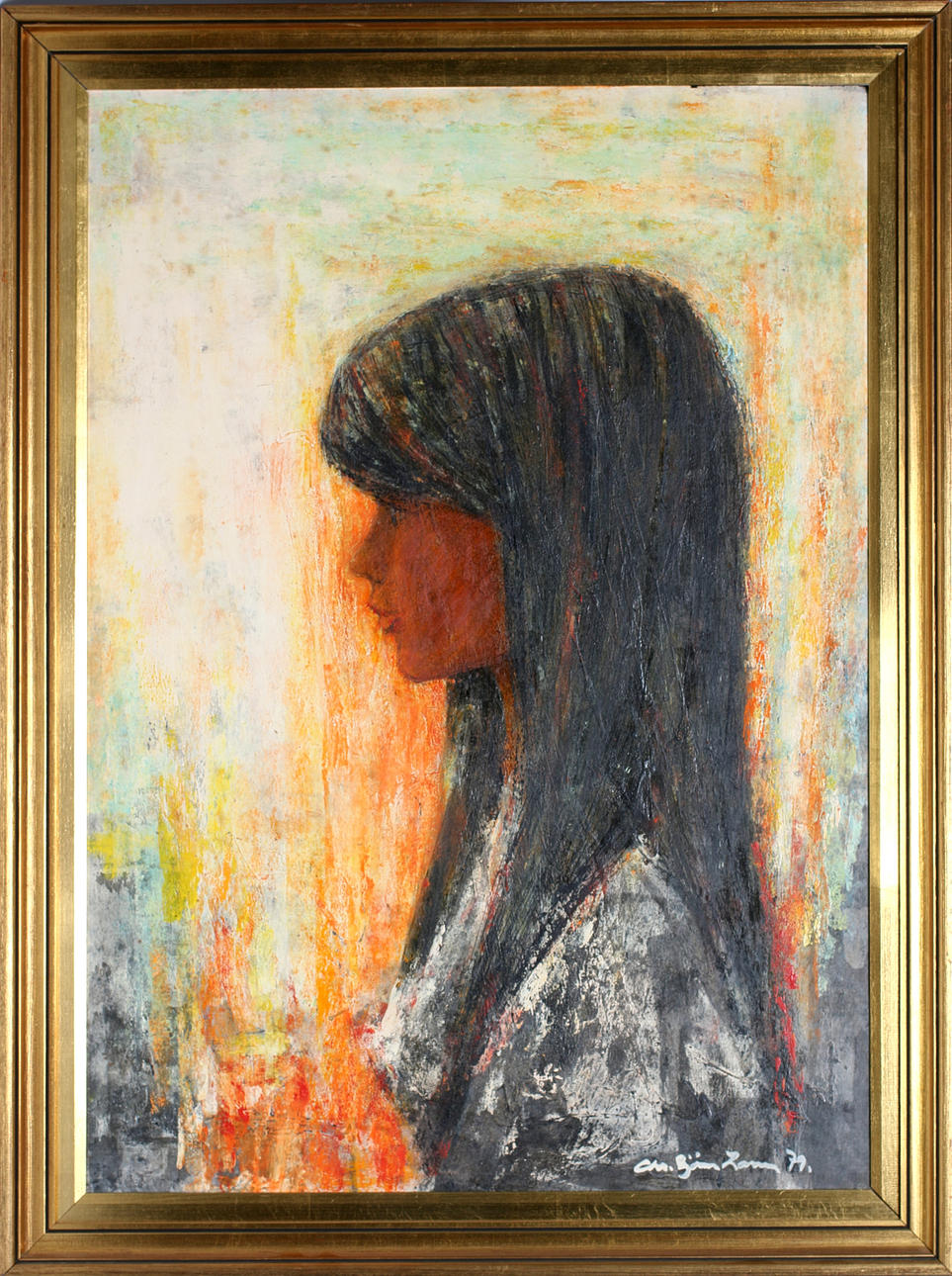 OIDENTIFIERAD KONSTNÄR. Kvinnoprträtt, olja på pannå, otydligt signatur.