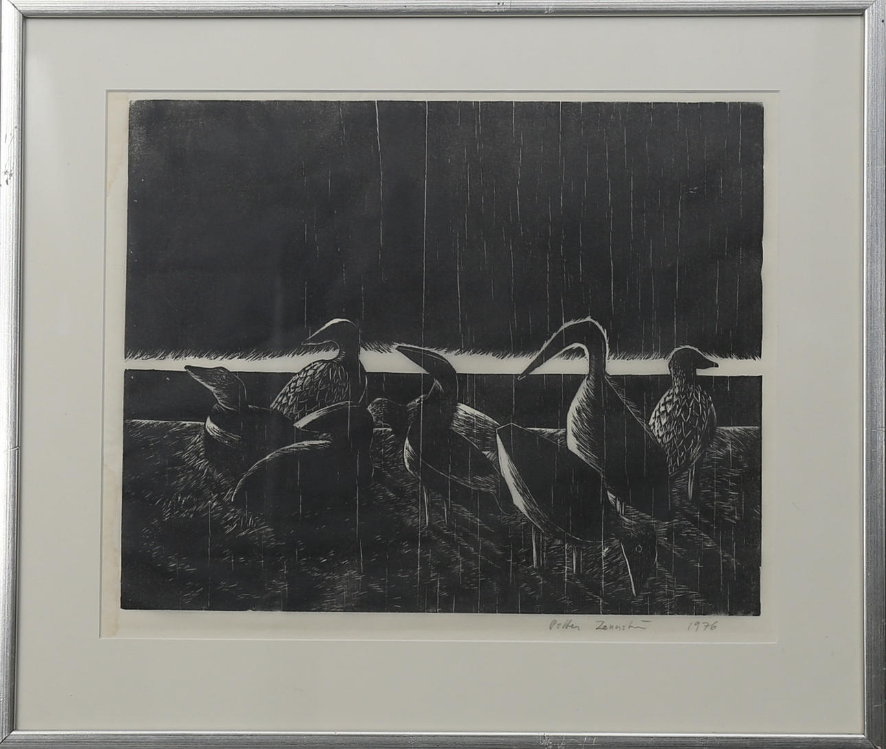PETTER ZENNSTRÖM. Fåglar i nattljus. Träsnitt på japanpapper. Signerad och daterad 1976.