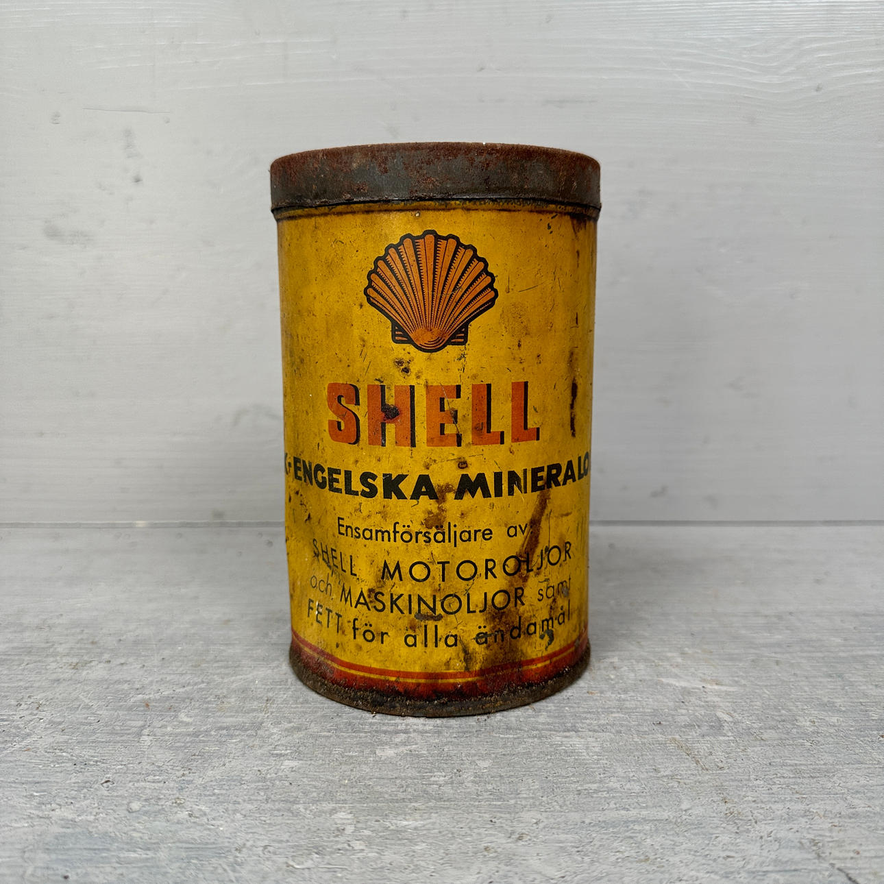 SHELL, tin can with grease, 1920/30s, Sweden.