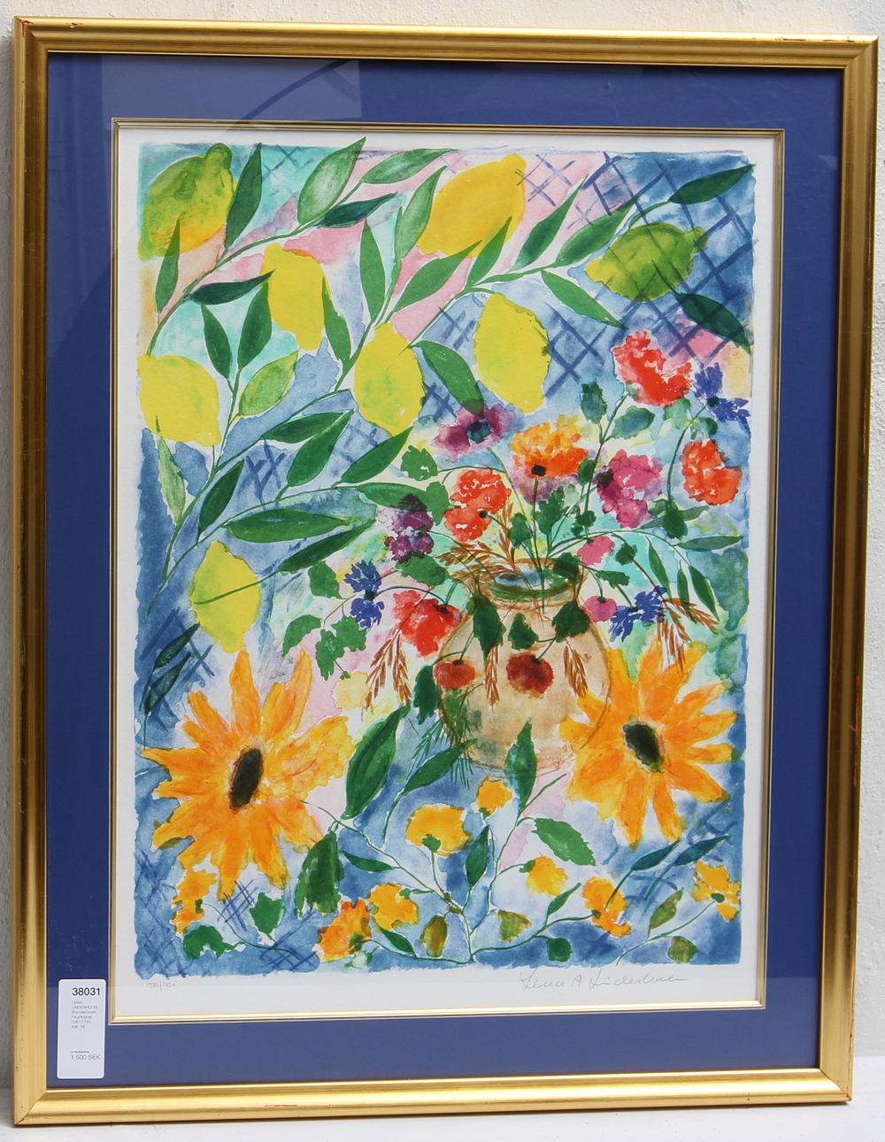 LENA LINDERHOLM. Blomsterprakt. Färglitografi, 1581/1750, sign.