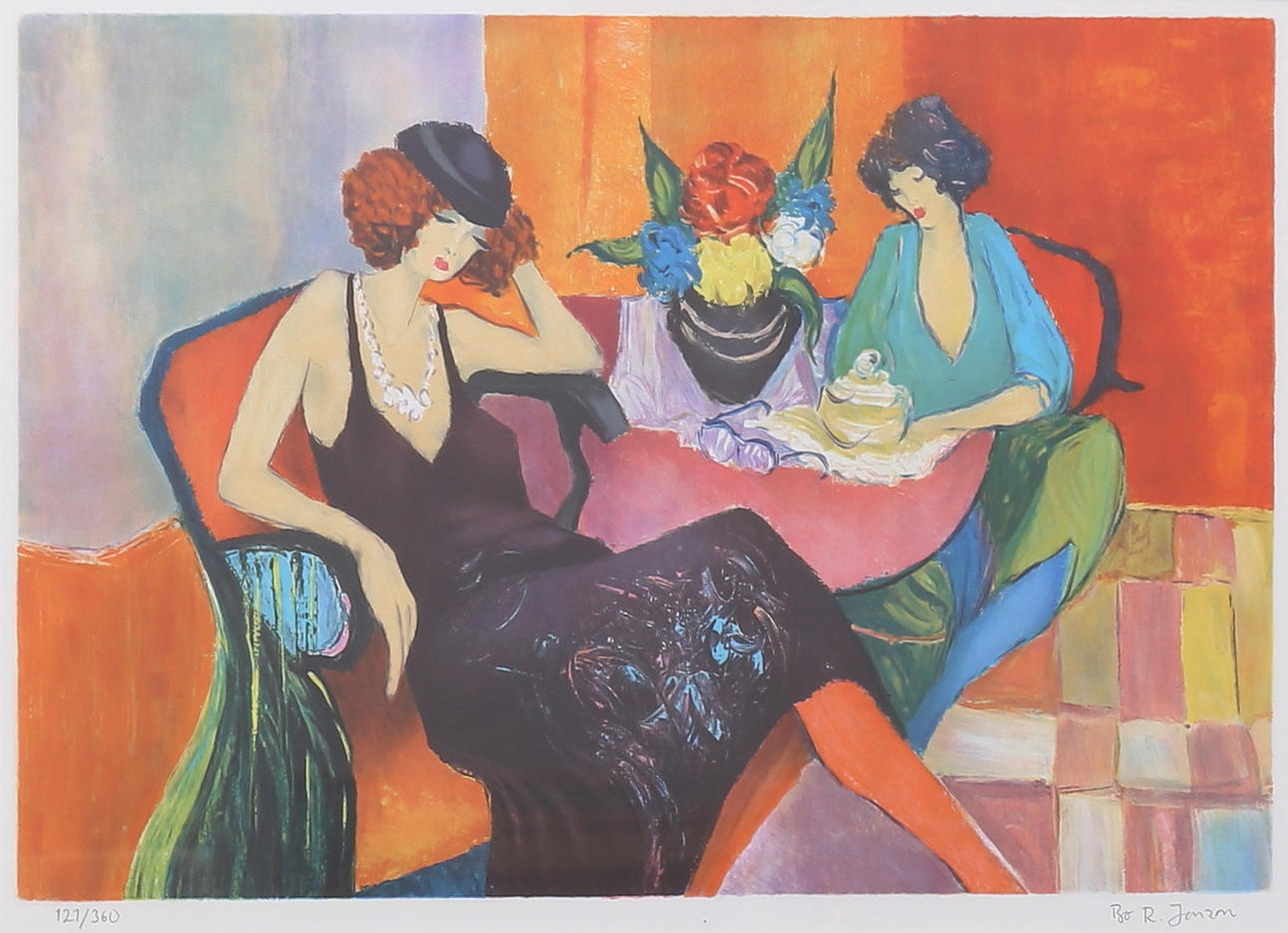 BO R JANZON. Lithograph in colour, two seated women, signed, numbered 121/360.