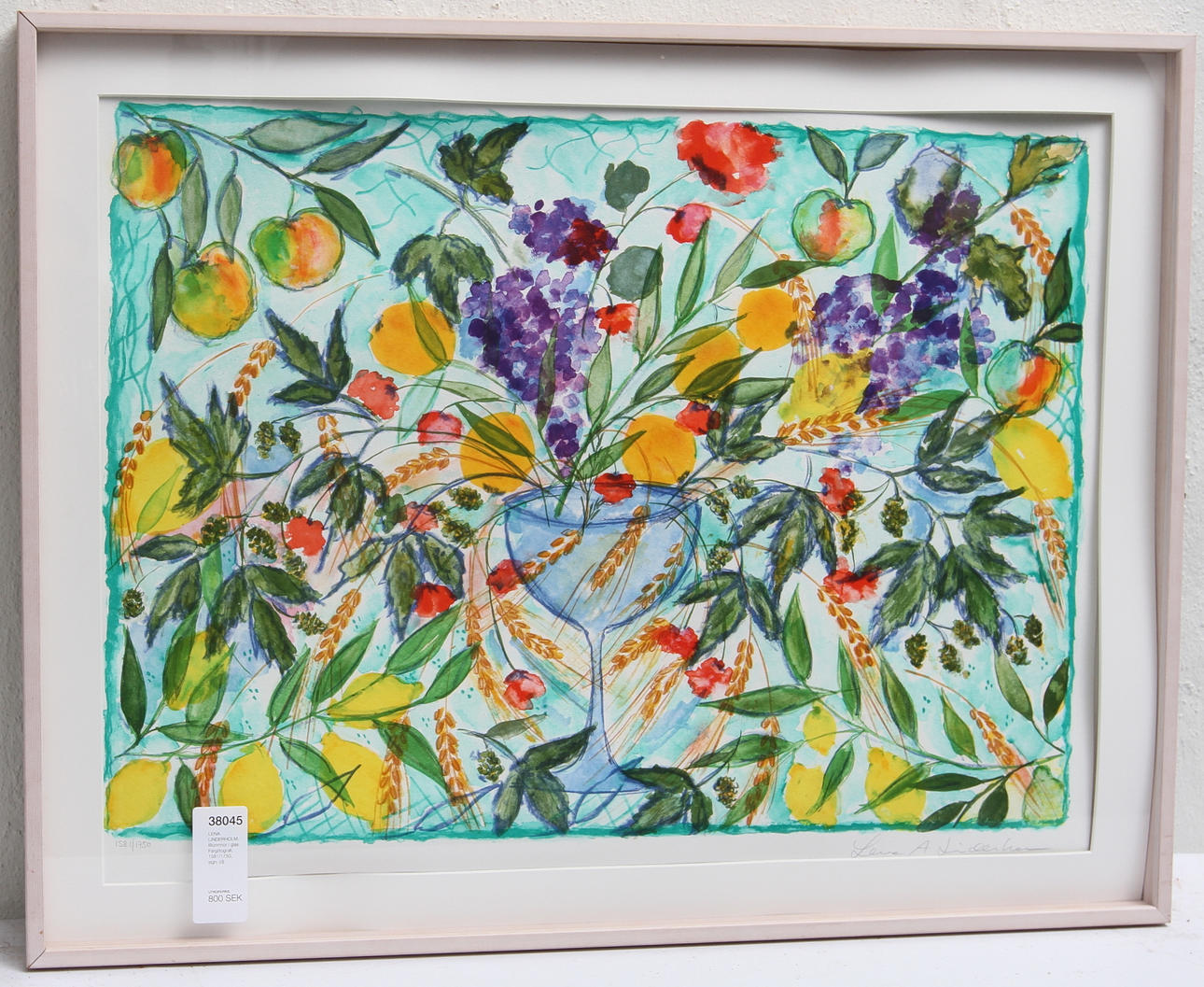 LENA LINDERHOLM. Blommor i glas. Färglitografi, 1581/1750, sign.