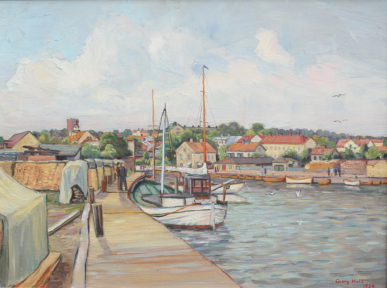 GEORG HULT. Skåningebryggan, Oskarshamn. Olja på duk, signerad och daterad 1954.