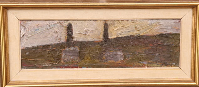 EVERT LUNDQUIST. TAVLA, olja pannå, signerad E.L., "De gamla skorstenarna, Ven 1951".