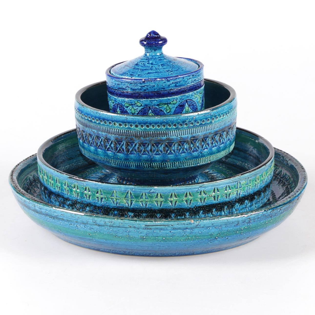 SKÅLAR, samt fat, 4 delar, "Rimini Blue", Aldo Londi, Bitossi, Italien.