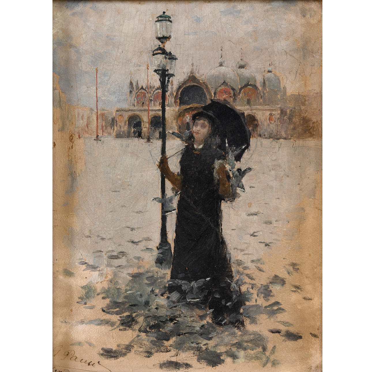 GEORG PAULI (1855-1935). LADY WITH PIGEONS IN ST MARK'S SQUARE, VENICE.