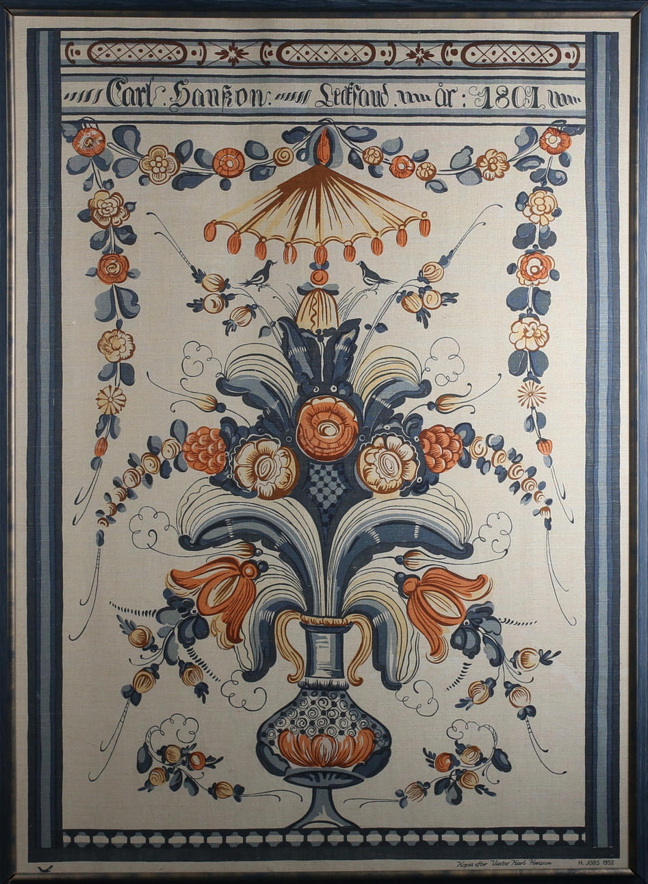 JOBS. TEXTILTRYCK, blomsterstilleben kurbits, signerad kopia efter Vinter Karl Hansson, H Jobs 1952.