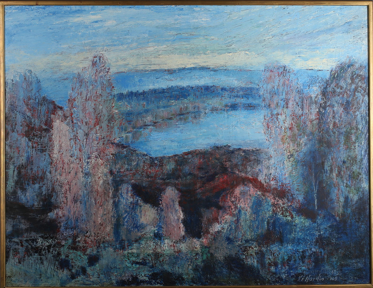 OIDENTIFIERAD KONSTNÄR. Höstlandskap, olja på pannå, signerad K E Nordin 1965.