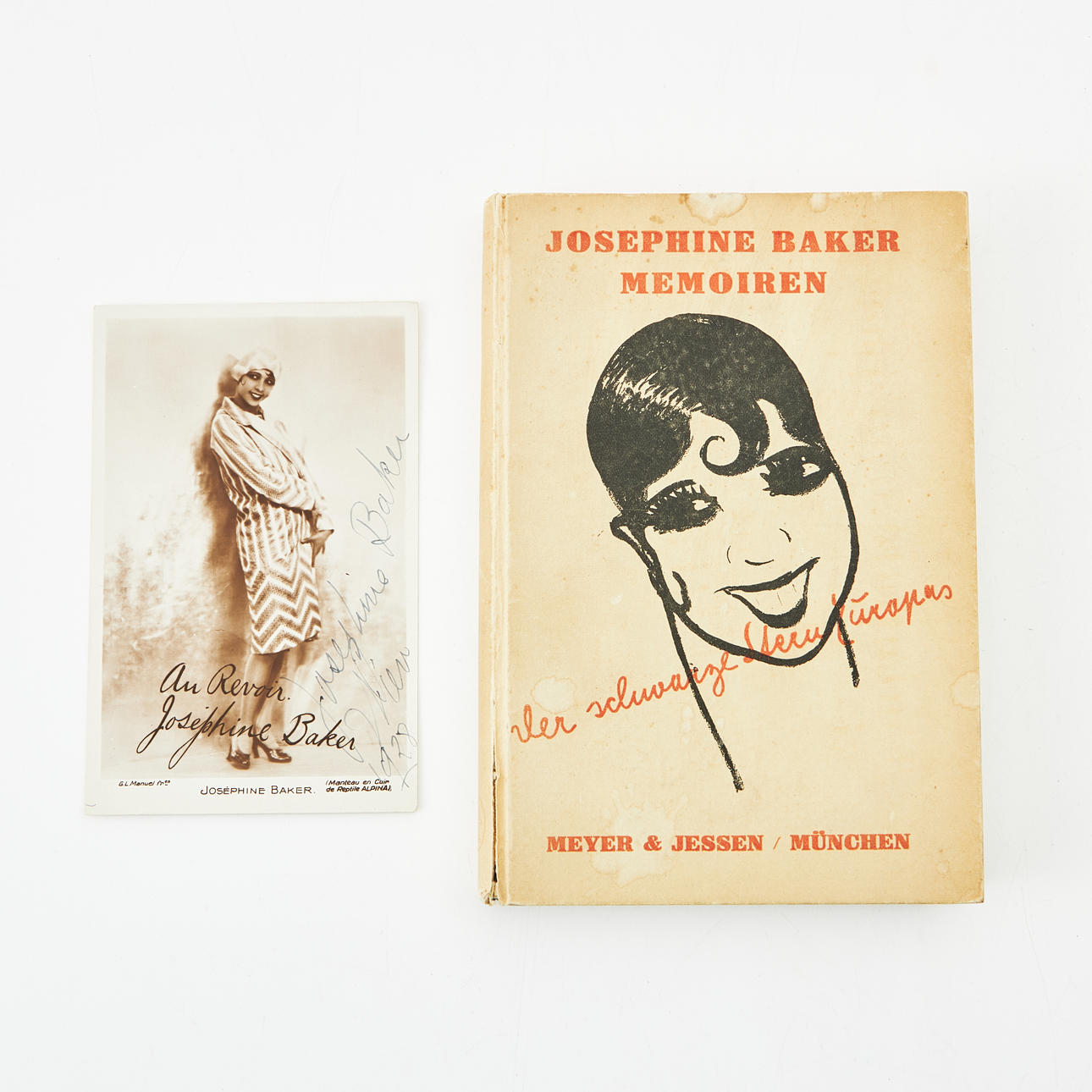 JOSEPHINE BAKER MEMOIREN, Munich 1928, with dedication, and postcard signed Baker.
