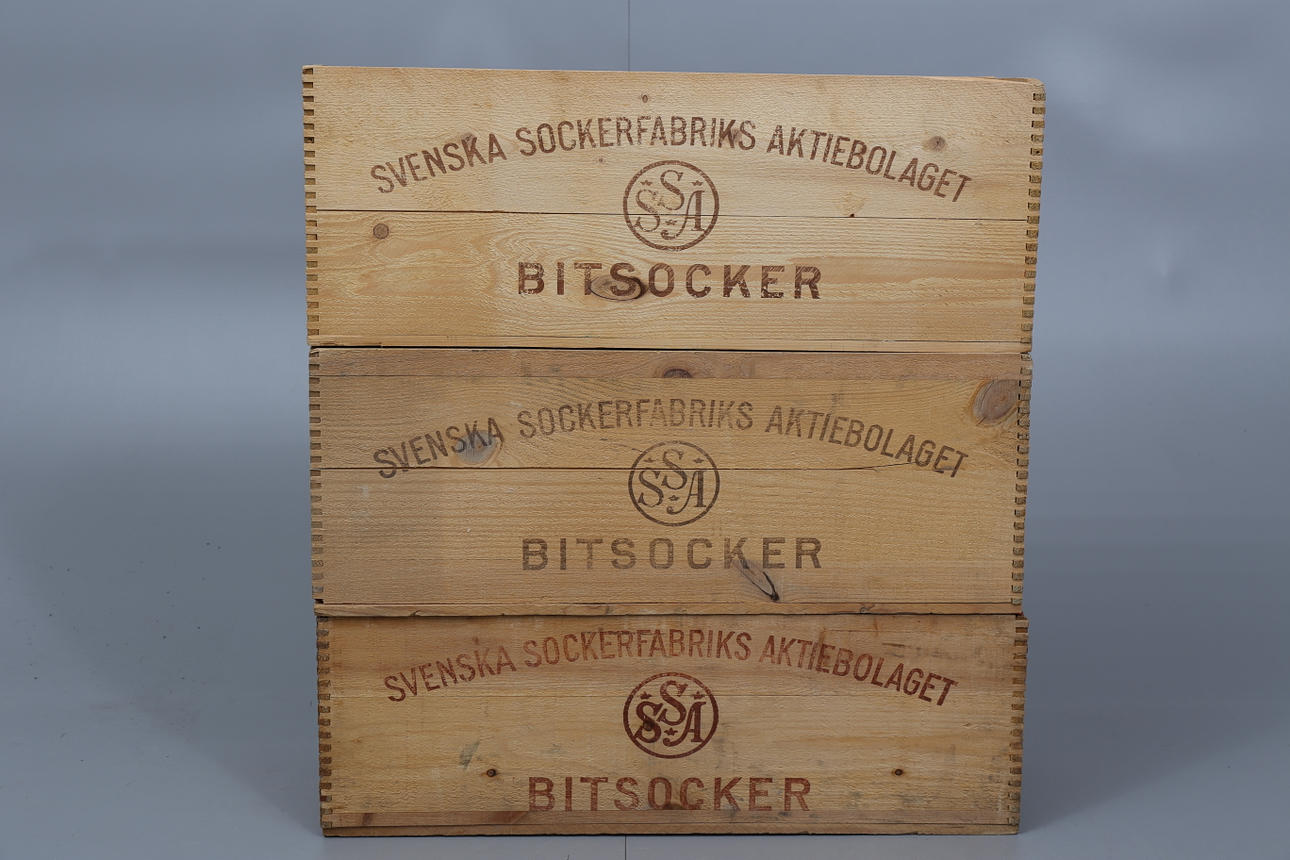 SOCKERLÅDOR, trä, 3 stycken, Svenska Sockerfabriks Aktiebolaget, SSA, 1900-tal.