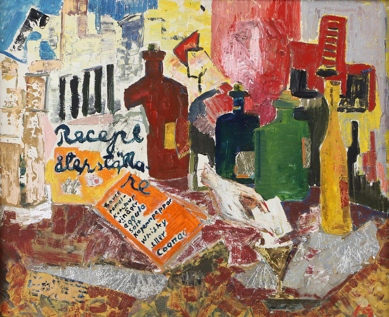 OIDENTIFIERAD KONSTNÄR. Composition with bottles, mixed media, monogram signed.