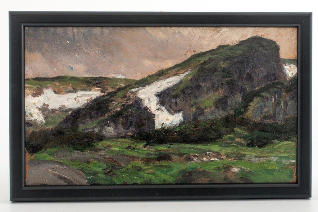FRANZ HOFFMANN-FALLERSLEBEN (WEIMAR 1855 - 1927 BERLI,). ”Bergigt landskap med snö kvar”, olja på pannå, gods stämpel.