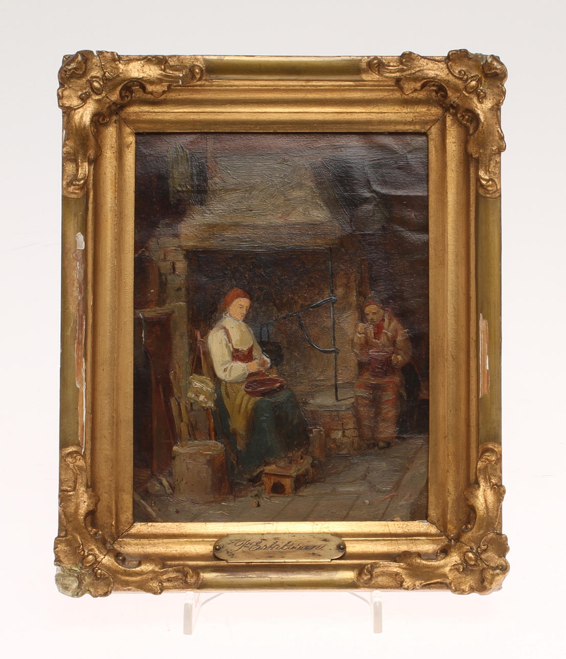 OKÄND KONSTNÄR. Allmogeinteriör, olja på papper, ram med plakett P Eskilsson.