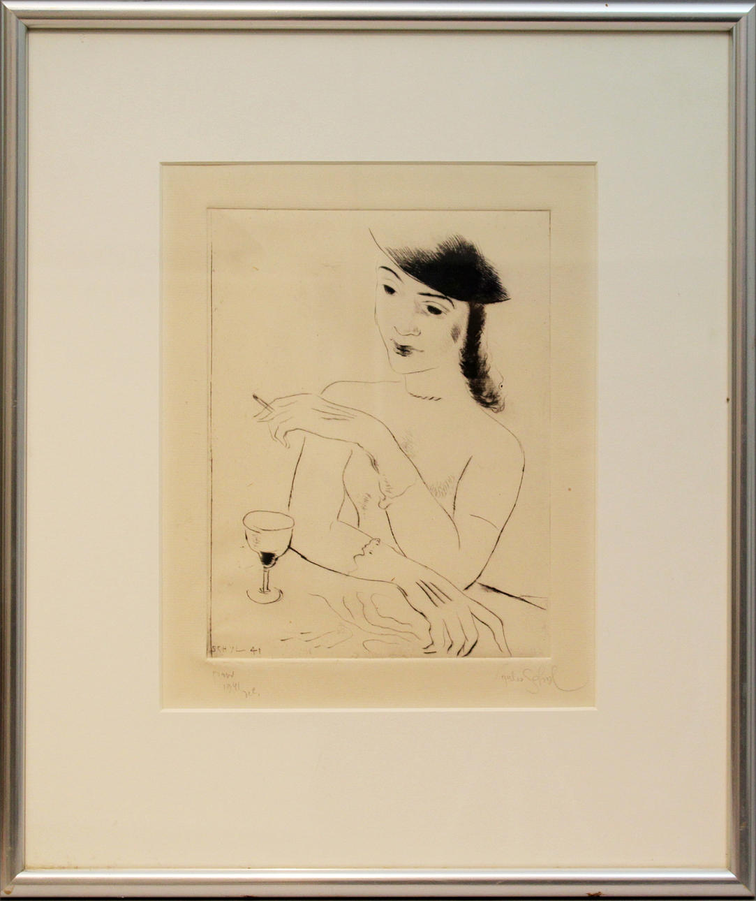 JULES SHYL. Modell med cigarett. Etsning. Signerad.