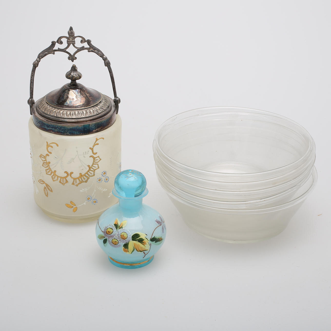 FILBUNKSKÅLAR, 5 st, BURK, KARAFF, glas, 1800/1900-tal.