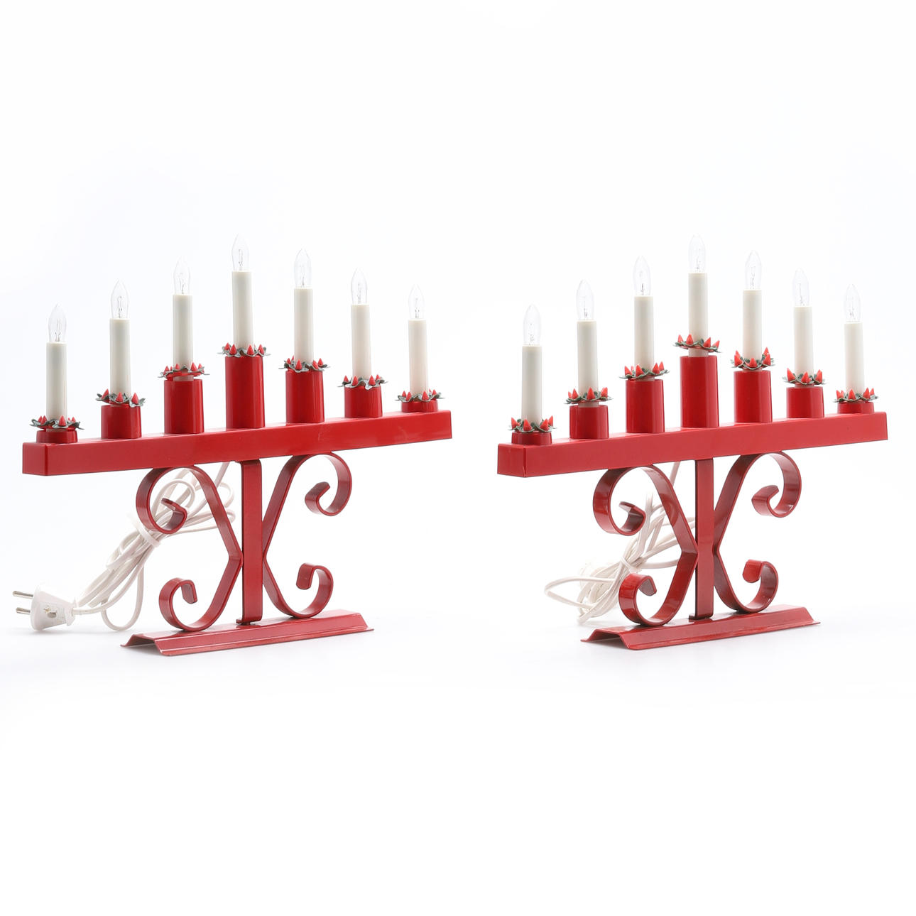 A pair of metal and plastic ADVENT CANDLESTICKS, “Jul 192/74, red, Gnosjö Konstsmide, 1970s.