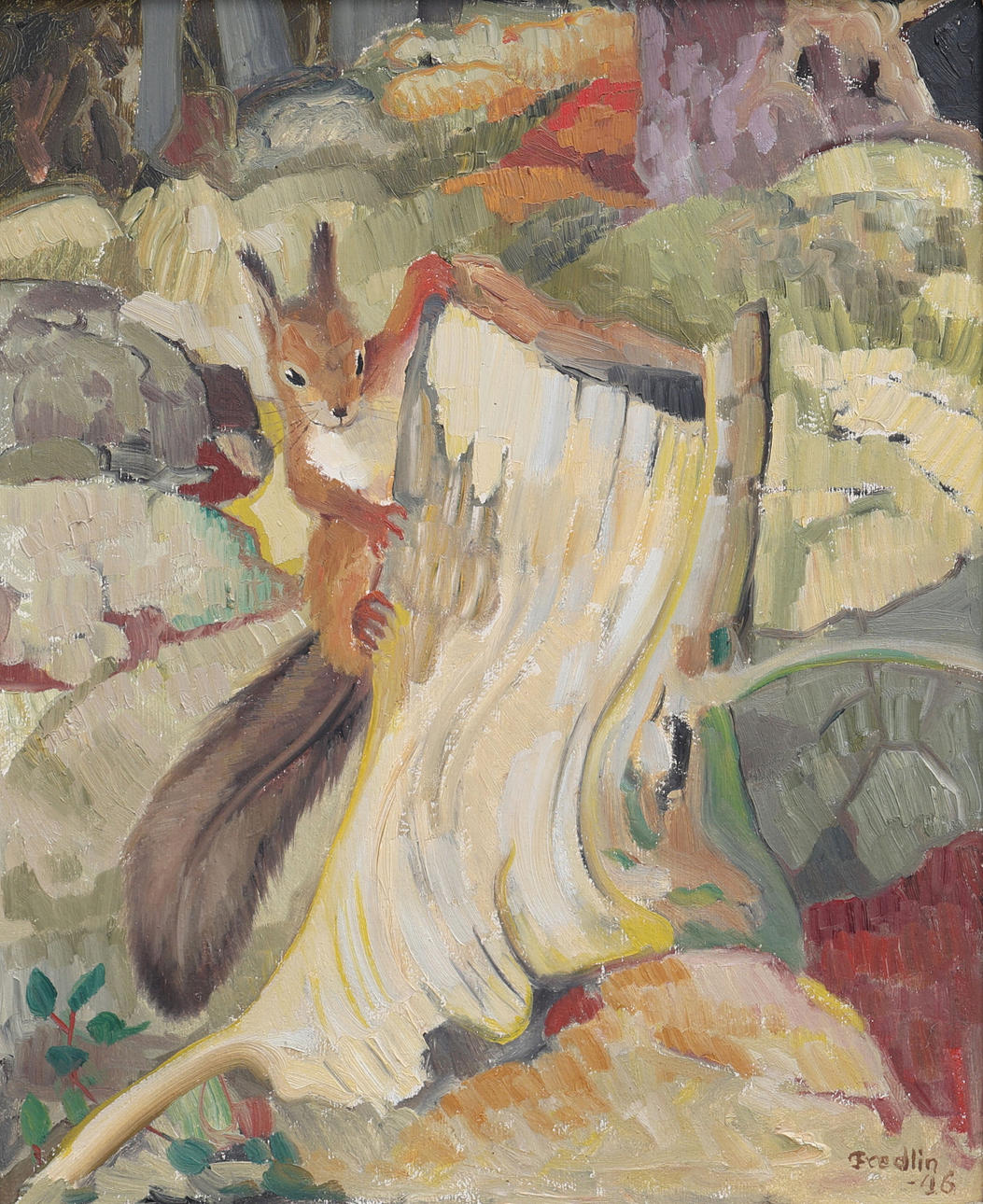 TOR OTTO FREDLIN. EICHHÖRNCHEN KLETTERT AUF BAUMSTUMPF, 1946.
