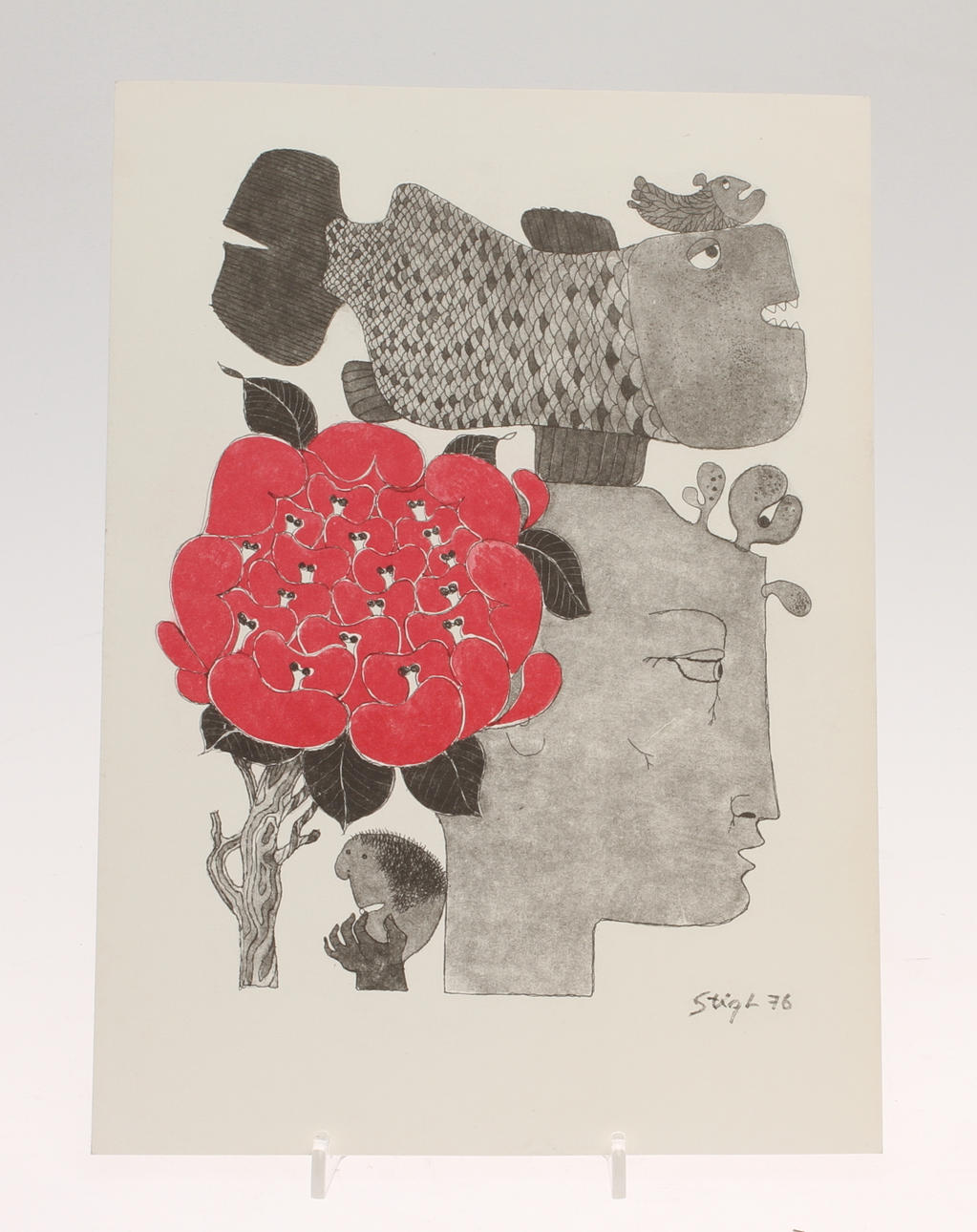 STIG LINDBERG. Komposition med ansikte och fisk, grafiskt tryck, signerad och daterad 76 i trycket.