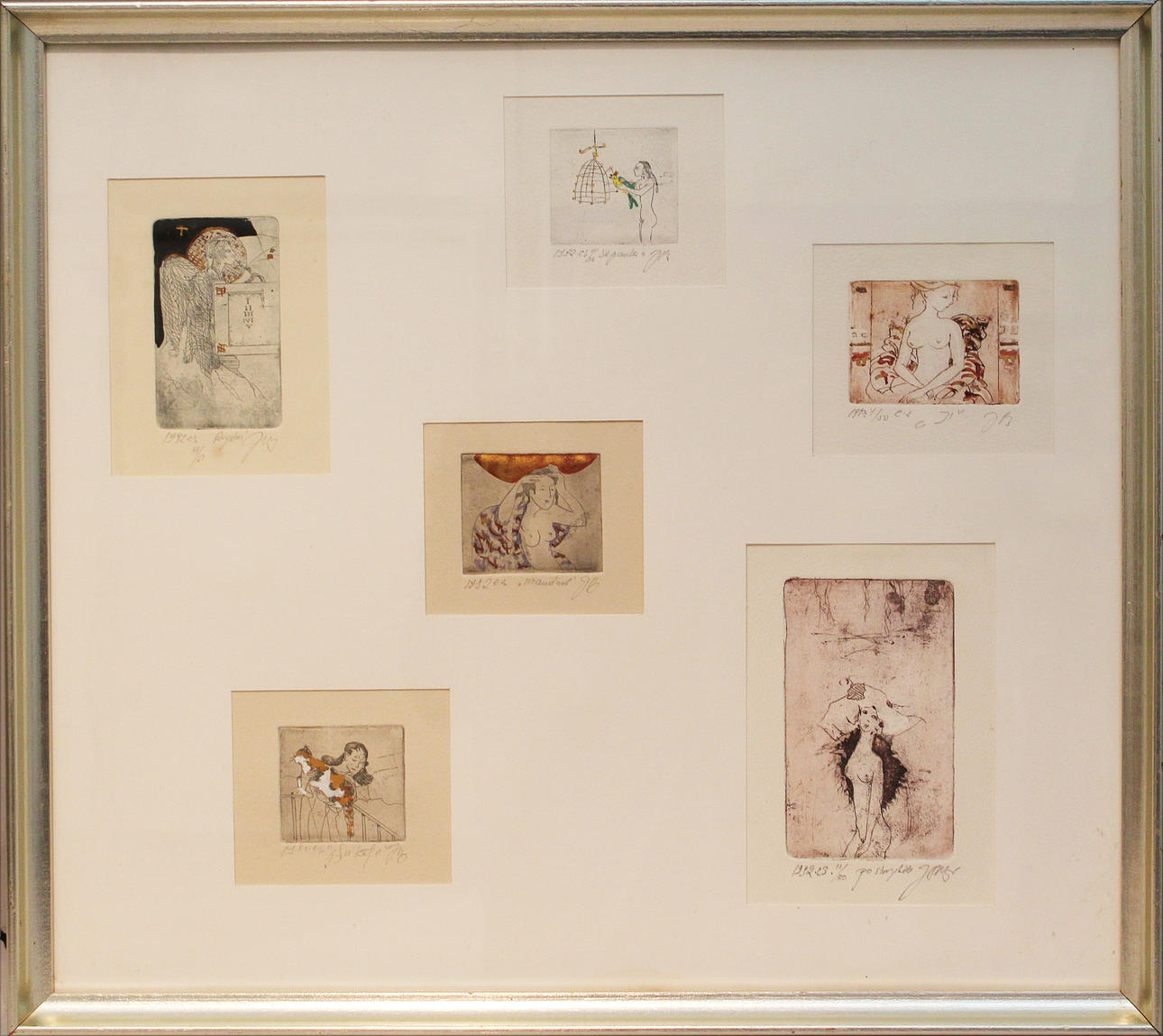 OIDENTIFIERAD KONSTNÄR. Modeller. Handkolorerade etsningar (6). Signerade och daterade.