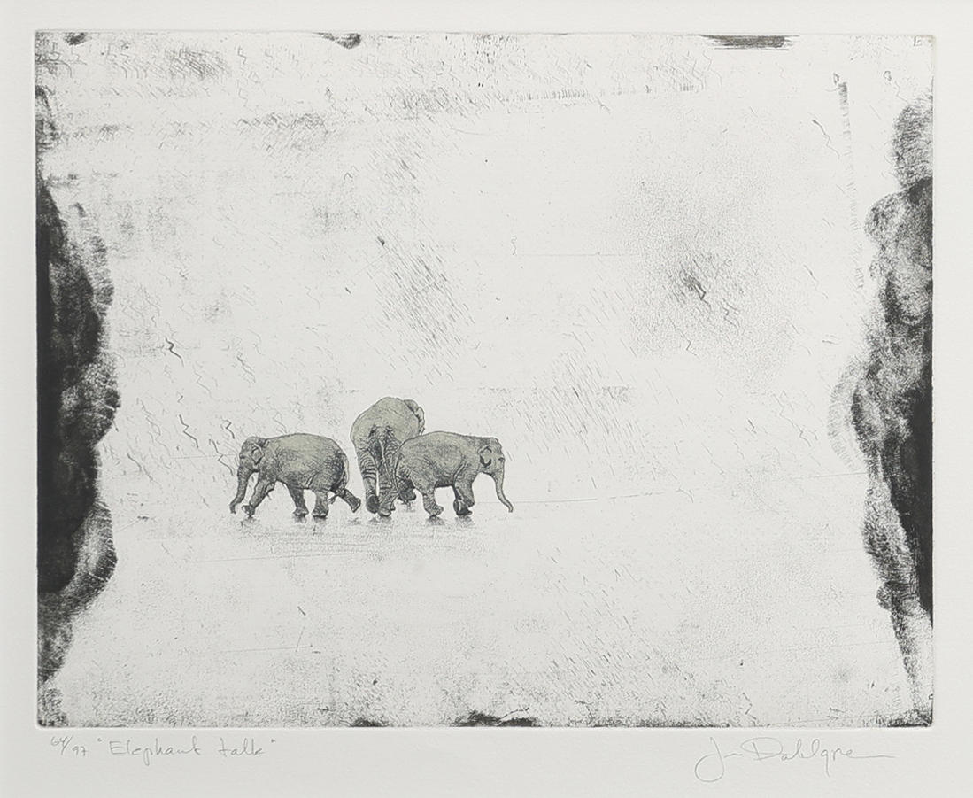 JAN DAHLGREN 1954-. ETCHING, “ELEPHANT TALK”, SIGNED AND NUMBERED 64/97.