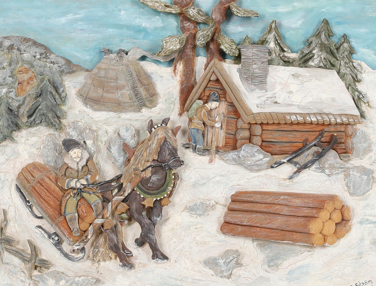 STEFAN STRÖM. cut & painted wood, log cabin, signed, dated -94.