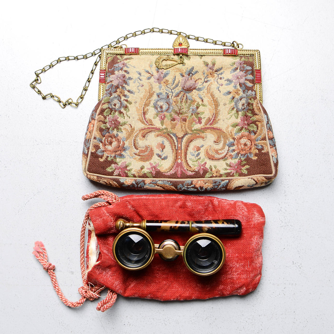 A handbag and an opera set, mid 20th century.