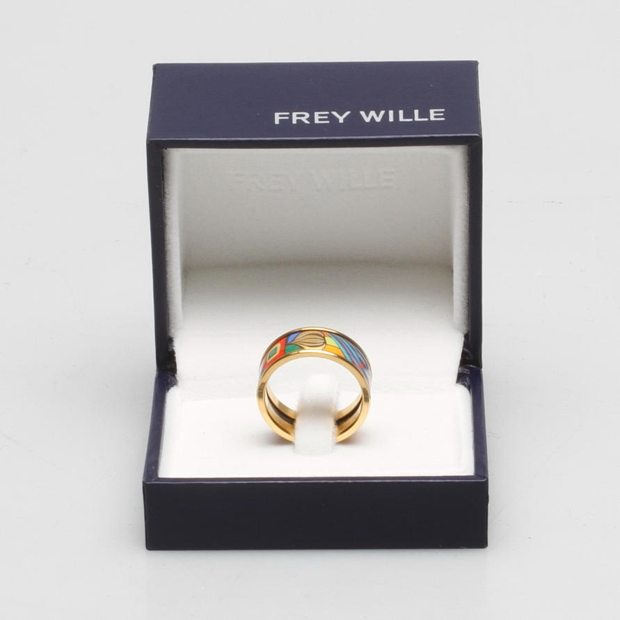 RING, guldpläterad metall och emalj, "Miss", Hommage à Hundertwasser, Frey Wille, Österrike, 2000-tal.