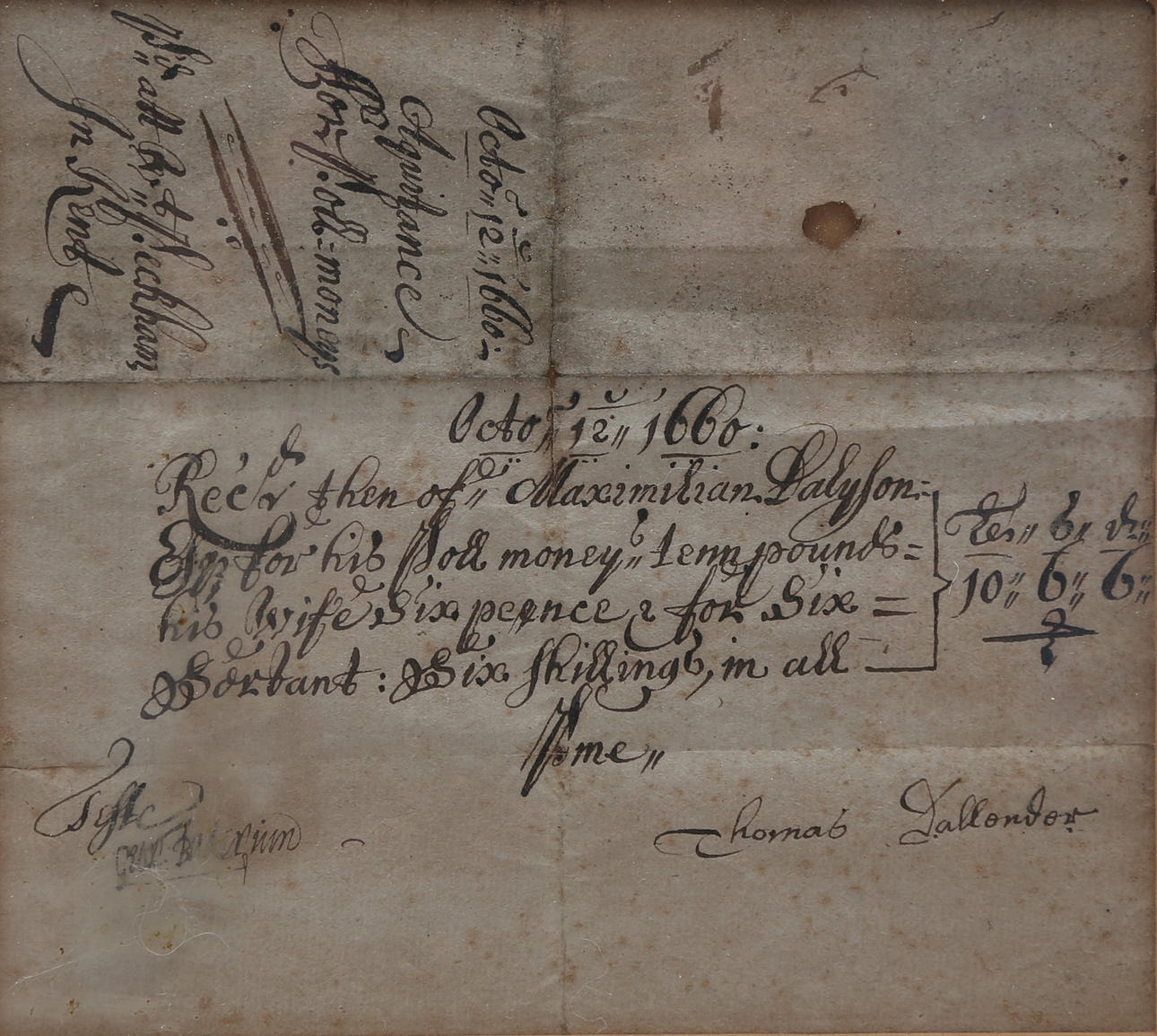 “Payment settlement Lltter”, signed by Thomas Dallondor in 1660.