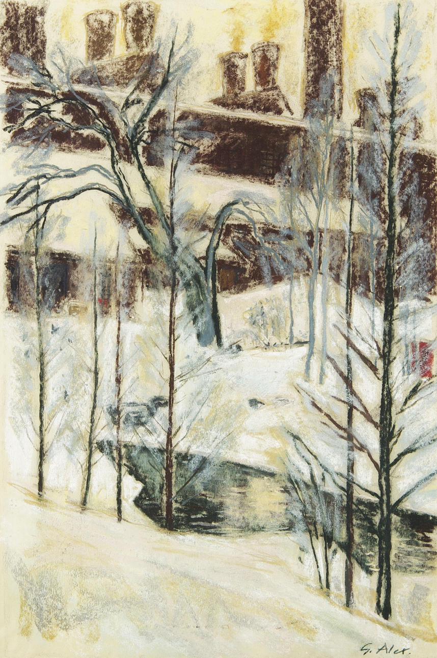 GUSTAV ALEXANDERSSON. Bakgård med träd, blandteknik, signerad G. Alex.