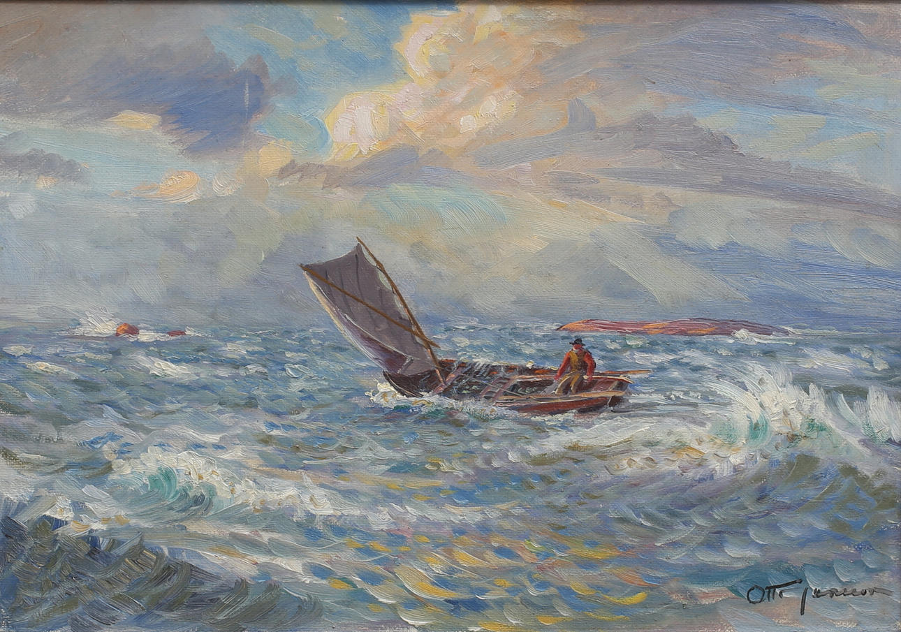 OTTO JANSSON. Fiskare på stormigt hav, olja på pannå, signerad.
