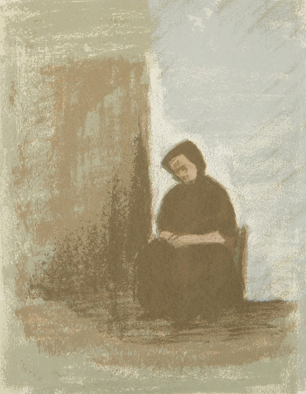 GUSTAV RUDBERG. Äldre kvinna, färglitografi, signerad.