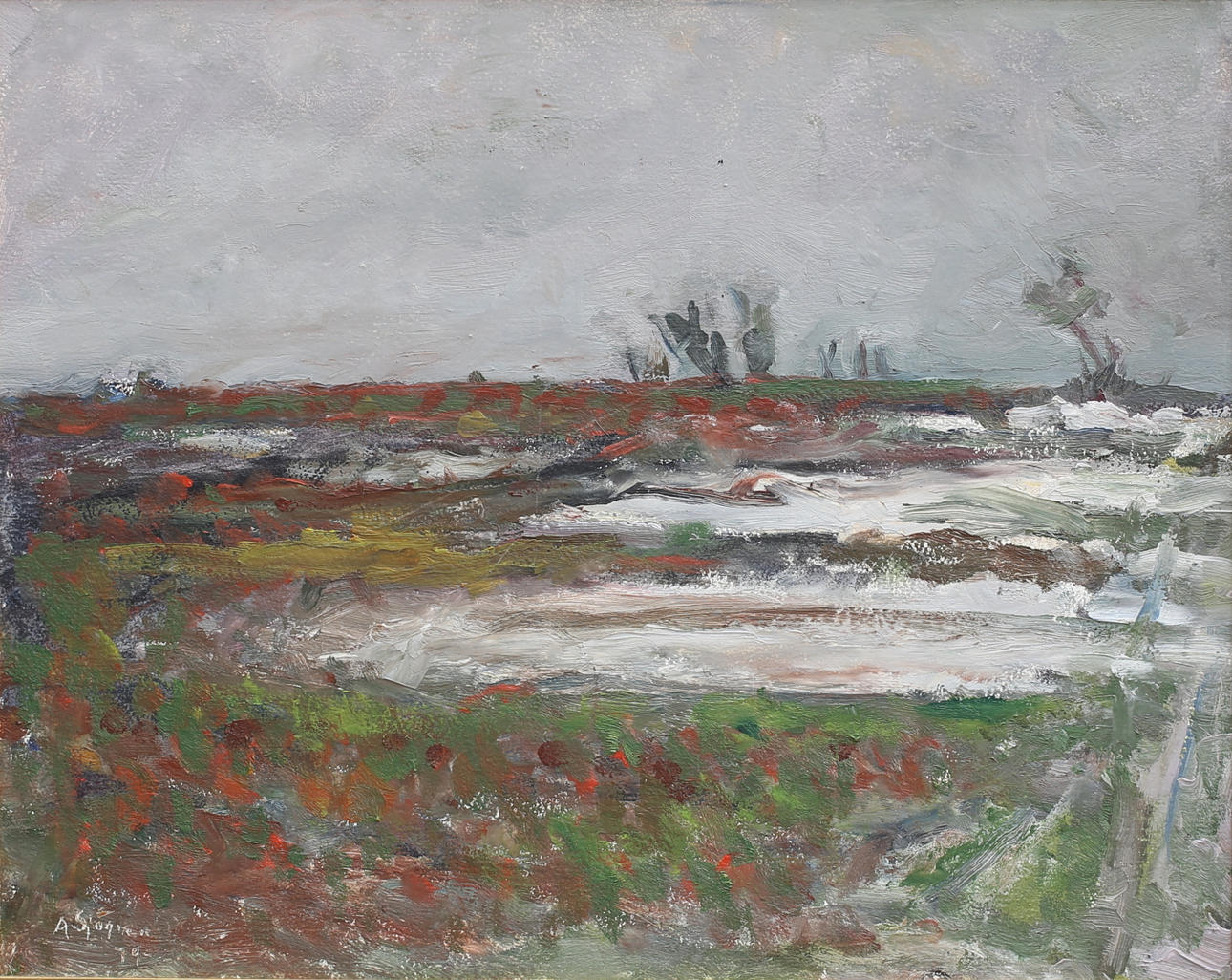 ALEX SJÖGREN. "Mörktonad vinter sö Öland", olja på pannå, signerad, otydligt daterad.