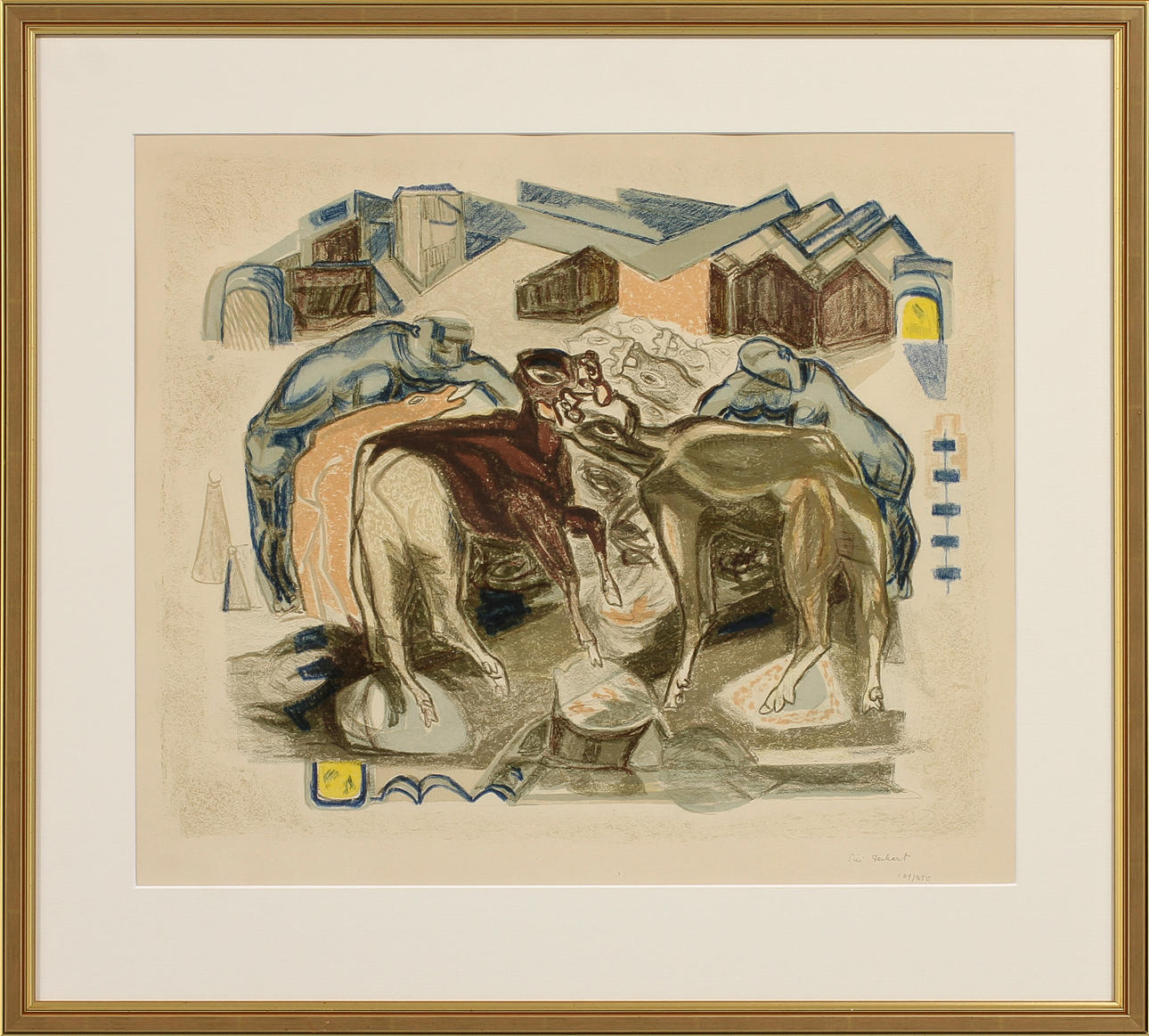 SIRI DERKERT. Komposition med figurer och djur. Färglitografi, signerad och numrerad 109/250.